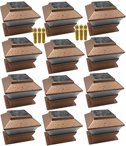 12 Pack Outdoor Garden Solar LED Copper Post Cap Fence Pathway Landscape Deck Square Light Lights + Free Bonus 12-Pack AA 600 mAH Replacement Rechargeable Batteries Bundle Deal