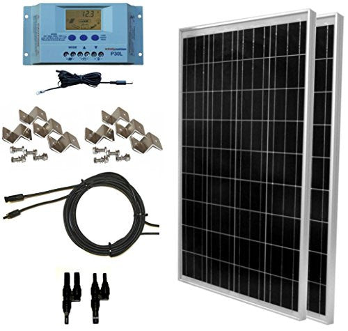 200 Watt Solar Panel Kit: 2pcs 100W Solar Panels + P30L LCD PWM Charge Controller + Solar Cable + MC4 Connectors + Mounting Brackets for Off-Grid RV Boat