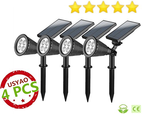 USYAO Spotlight Upgraded 4 LED 200 Lumen Sun-powered Spot Light Integrated Panel and Light, Solar Rechargeable Waterproof Black Color , with Adjustable Angle and Bright Illumination Pack of 4