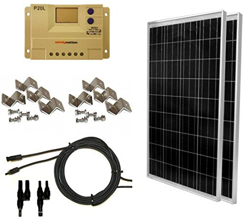 200 Watt (2pcs 100 Watt) Solar Panel Complete Off-Grid RV Boat Kit with LCD PWM Charge Controller + Solar Cable + MC4 Connectors + Mounting Brackets