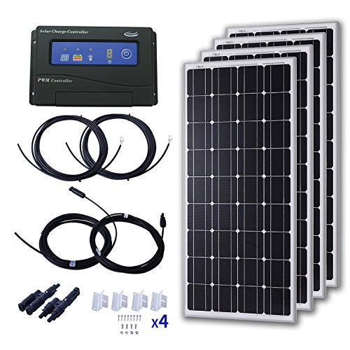 Komaes 400 Watts 24 Volts Monocrystalline Solar Starter Kit with 20A PWM Charge Controller + 20ft Tray Cable + 20ft MC4 Connectors + Mounting Z Bracketst