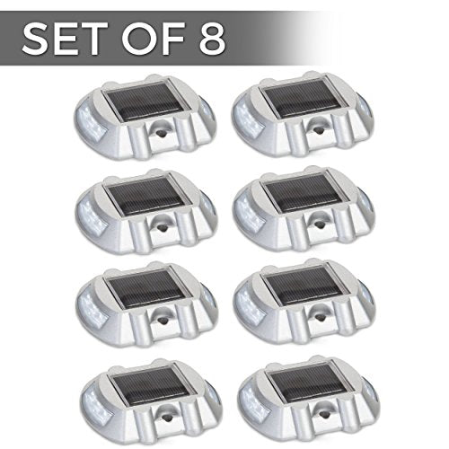 Solar Powered LED Marker Lights- Set of 8- Decorative Aluminum Lamps- Wireless Outdoor Security Light- Garden Decor Accent Lighting- Best for Driveway, Dock, Stairway, Path, Deck, Step, Pool, Patio